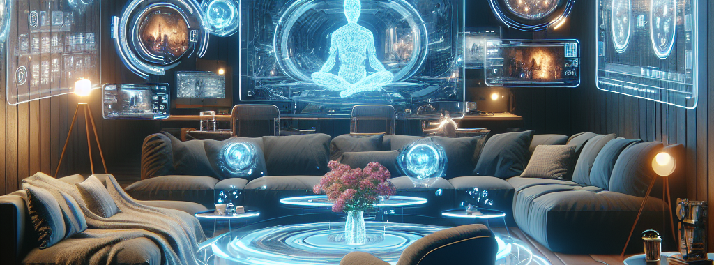 Cinematic wide shot of a cozy futuristic AI-powered film studio interior, with holographic floating screens displaying screenplay text, digital character concept art, 3D-rendered location previews. Ultra-realistic lighting.
