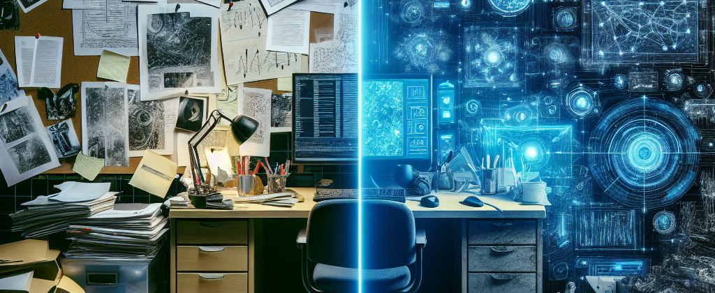 High-contrast split-screen composition. Left: cluttered desk with crumpled papers, sticky notes, open laptops showing disorganized folders. Right: chaotic UI of multiple AI generation tools overlapping. Photorealistic, cinematic lighting.