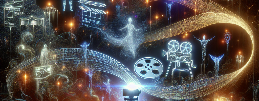 Digital interface mockup showing character portraits in cinematic style, 3D environment thumbnails, a timeline view with scene beats, and a preview window of a rendered film frame. High-tech, clean UI.